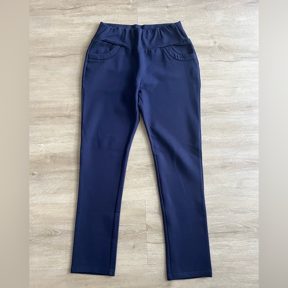Gracia Blue Straight Leg Pull On Pants SZ L Elastic Waist Career Office Wear